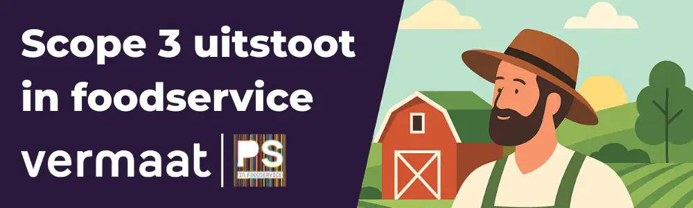 Illustratie van Scope 3-uitstoot in foodservice met een boer en versproducten, verwijzend naar CO₂-uitstoot in de keten.